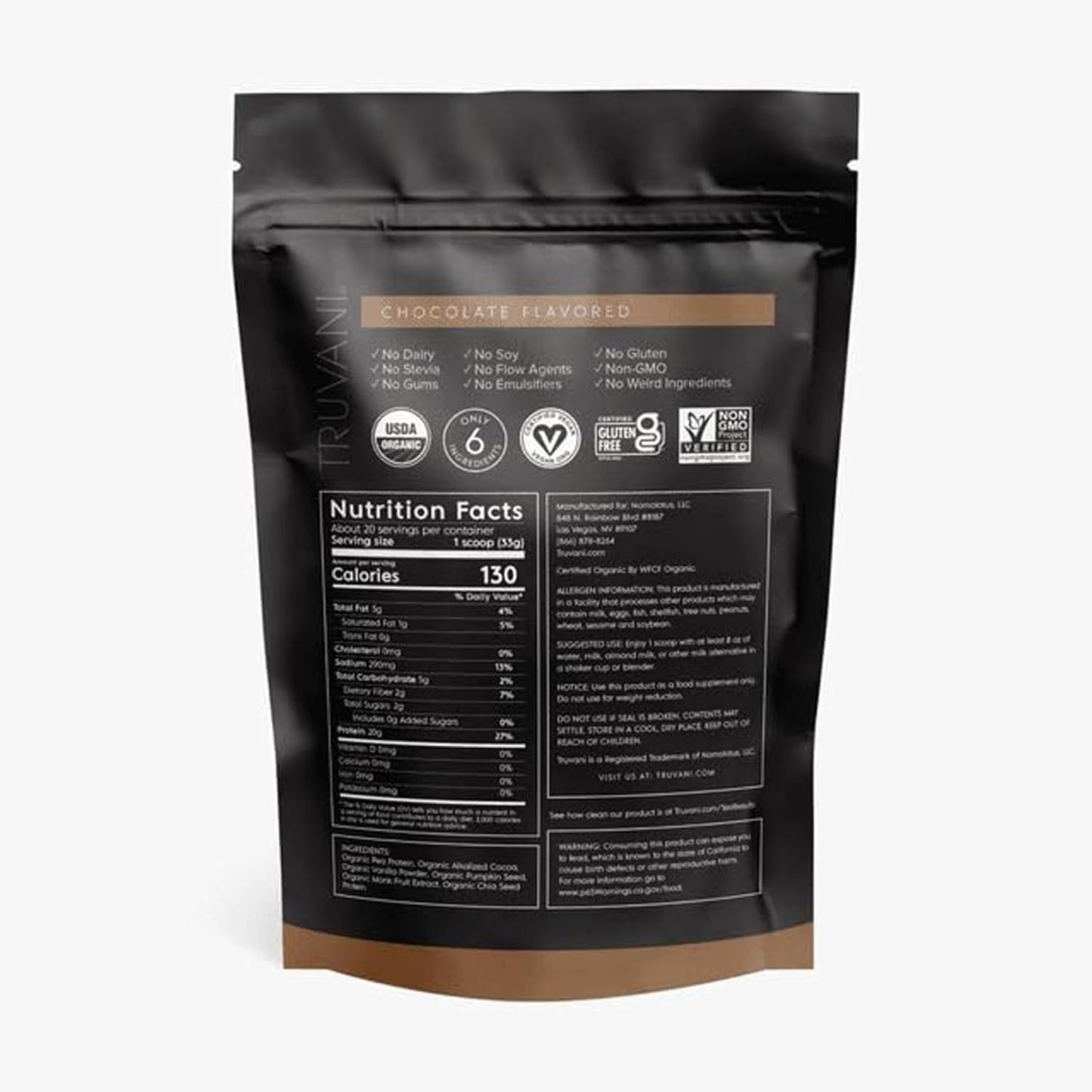 Truvani Organic Plant Based Protein Powder | Chocolate | 20 Servings | Vegan | 20g Pea Protein | Keto | Gluten & Dairy Free | Low Carb | No Added Sugar