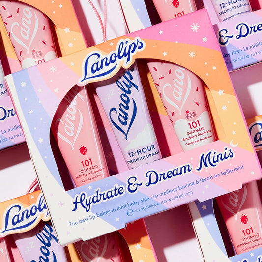 Lanolips Hydrate & Dream Minis Gift Set - Includes 101 Ointment Lanolin Lip Balm in Strawberry & Raspberry Shortcake + 12 Hour Overnight Lip Mask - Lanolin Skin Care Set (3 Pieces)