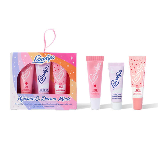 Lanolips Hydrate & Dream Minis Gift Set - Includes 101 Ointment Lanolin Lip Balm in Strawberry & Raspberry Shortcake + 12 Hour Overnight Lip Mask - Lanolin Skin Care Set (3 Pieces)