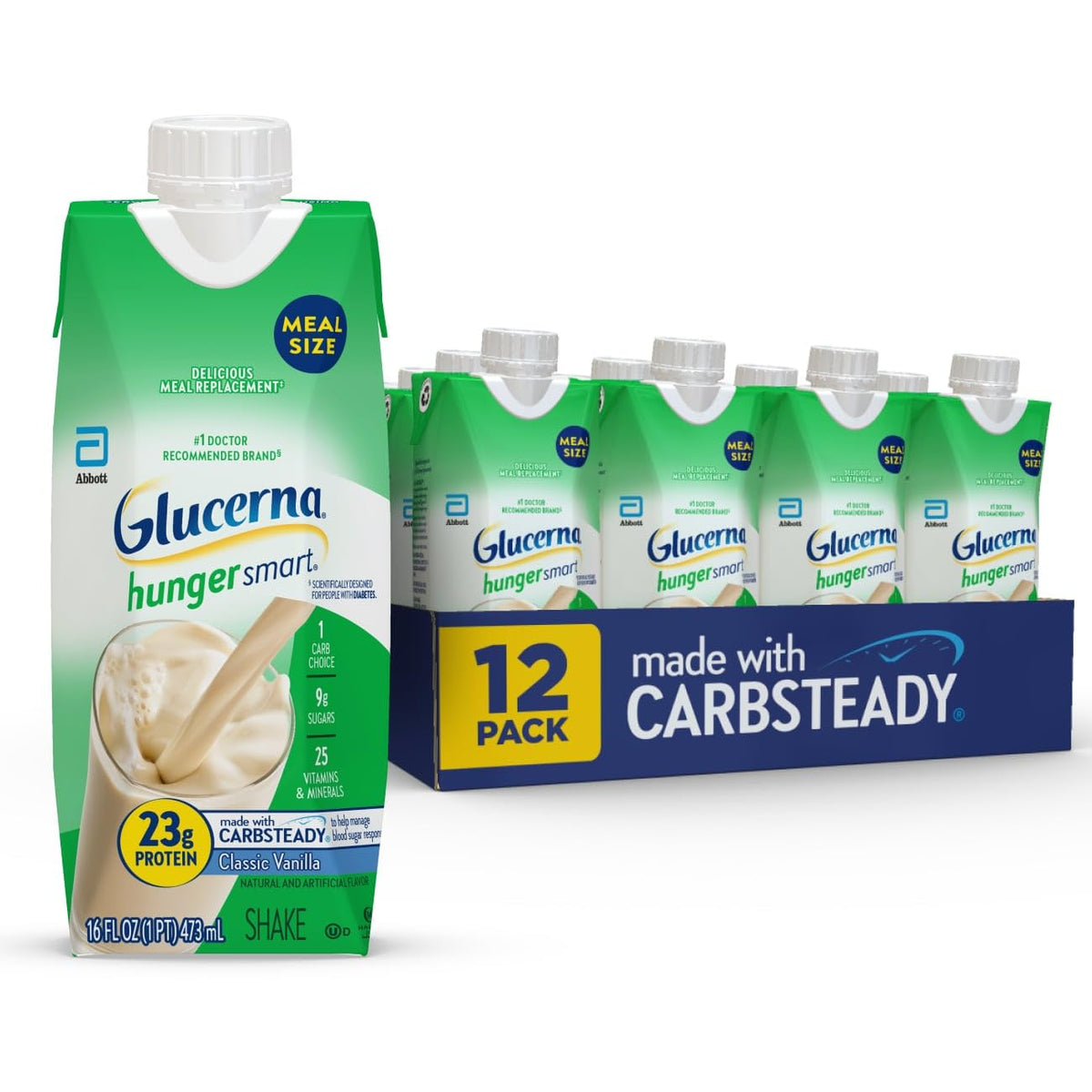 Glucerna Hunger Smart Meal Sized Diabetes Care Shake, Classic Vanilla, Diabetic Meal Replacement to Support Blood Sugar Management, 23g Protein, 250 Calories, Ready to Drink, 16-fl-oz Bottle, 12 Pack