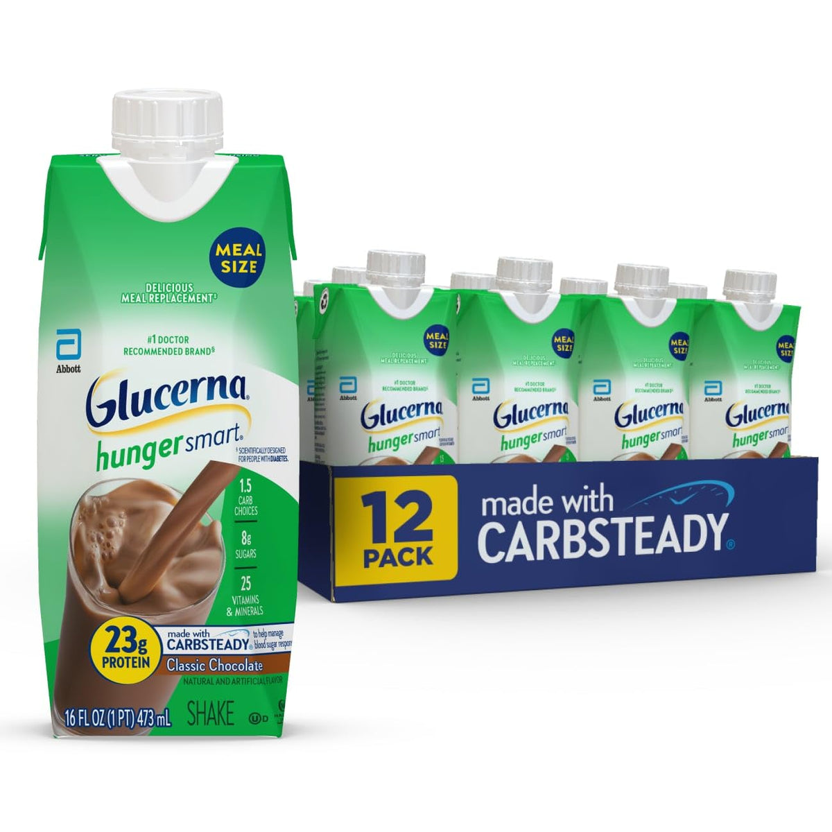 Glucerna Hunger Smart Meal Sized Diabetes Care Shake, Classic Vanilla, Diabetic Meal Replacement to Support Blood Sugar Management, 23g Protein, 250 Calories, Ready to Drink, 16-fl-oz Bottle, 12 Pack
