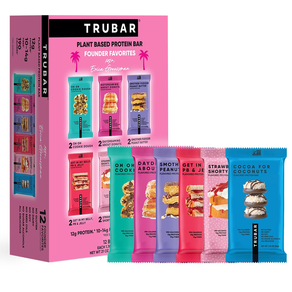 TRUBAR Vegan Protein Bar Variety Pack, Assorted Flavors, Peanut Butter, Macchiato, Cookie Dough, Gluten Free, Vegan Protein Snacks, 12G Plant-Based Protein, High Fiber, Healthy Protein Bars, 12 CT