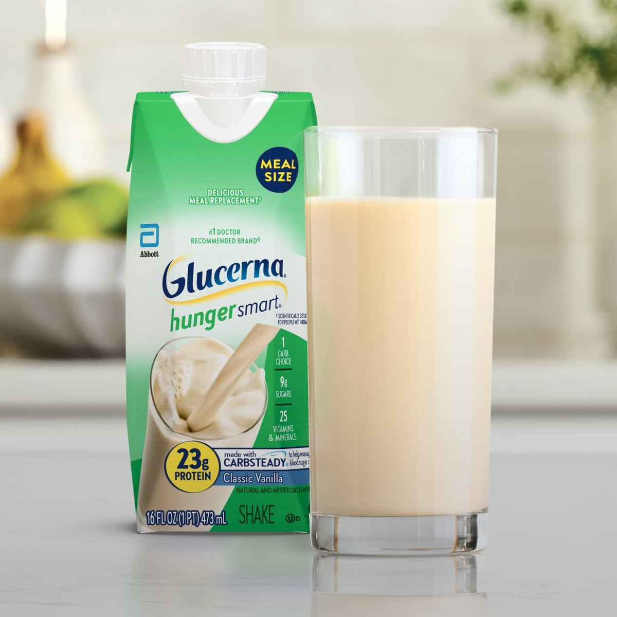 Glucerna Hunger Smart Meal Sized Diabetes Care Shake, Classic Vanilla, Diabetic Meal Replacement to Support Blood Sugar Management, 23g Protein, 250 Calories, Ready to Drink, 16-fl-oz Bottle, 12 Pack