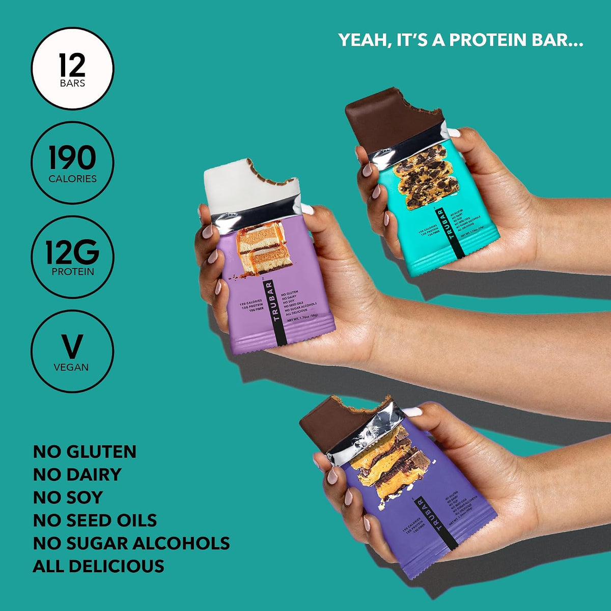 TRUBAR Vegan Protein Bar Variety Pack, Assorted Flavors, Peanut Butter, Macchiato, Cookie Dough, Gluten Free, Vegan Protein Snacks, 12G Plant-Based Protein, High Fiber, Healthy Protein Bars, 12 CT
