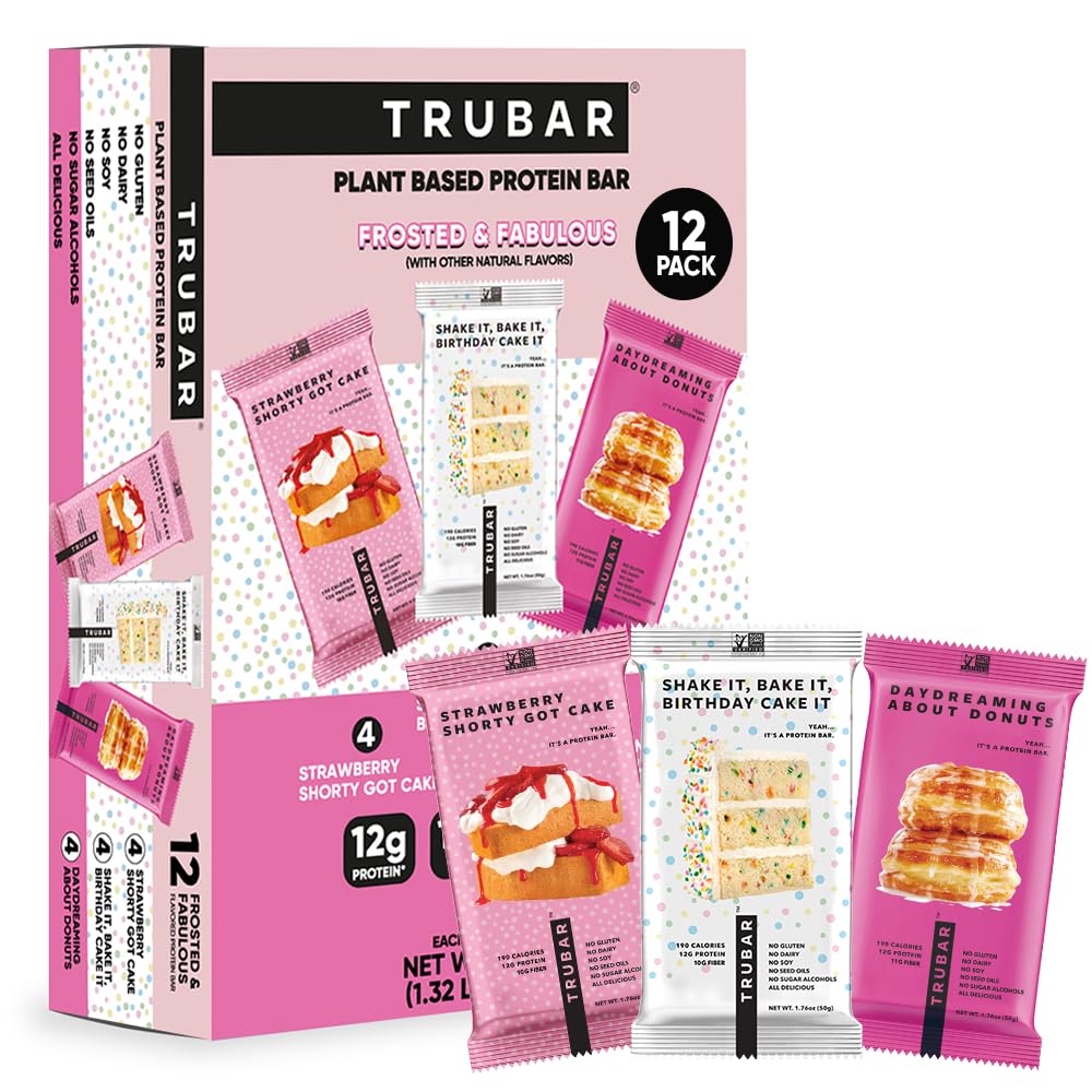 TRUBAR Vegan Protein Bar Variety Pack, Assorted Flavors, Peanut Butter, Macchiato, Cookie Dough, Gluten Free, Vegan Protein Snacks, 12G Plant-Based Protein, High Fiber, Healthy Protein Bars, 12 CT