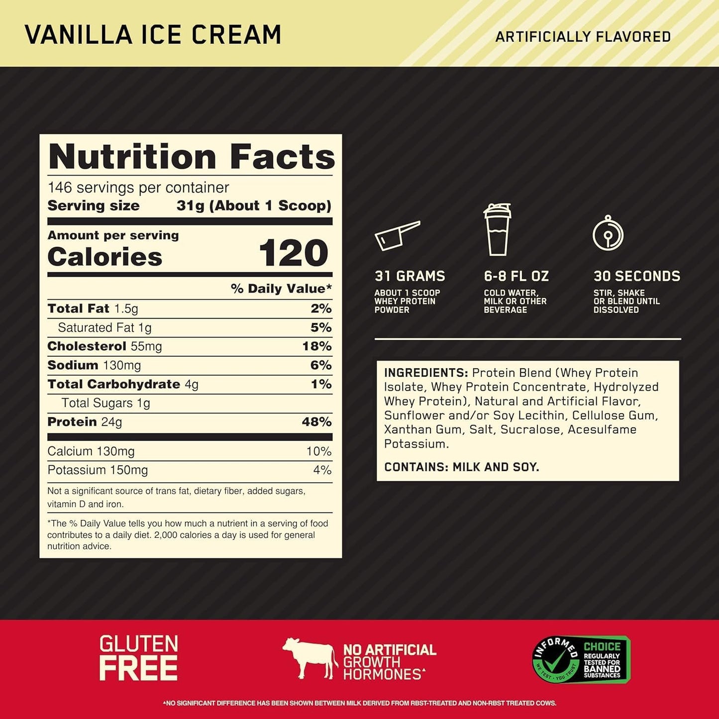 Optimum Nutrition Gold Standard 100% Whey Protein Powder, Vanilla Ice Cream, 10 Pound (Packaging May Vary)