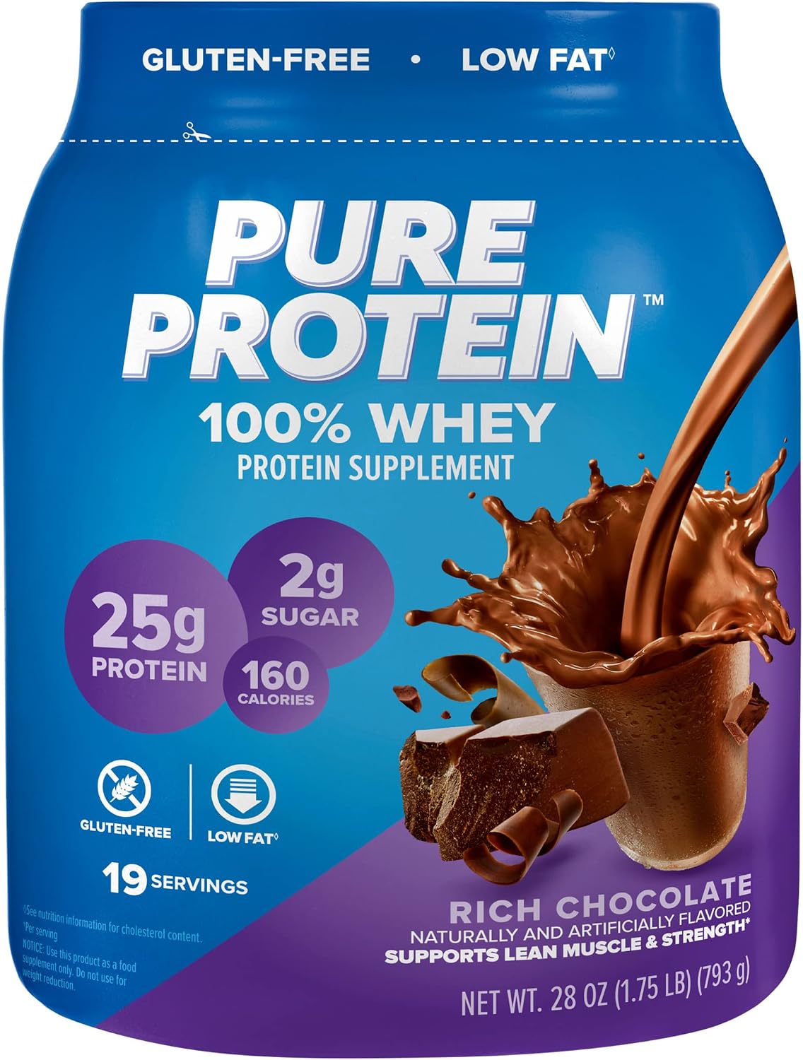 Pure Protein 100% Whey Protein Powder - High Protein & Low Carb Post-Workout Shake - Rich Chocolate, 1.75 lb