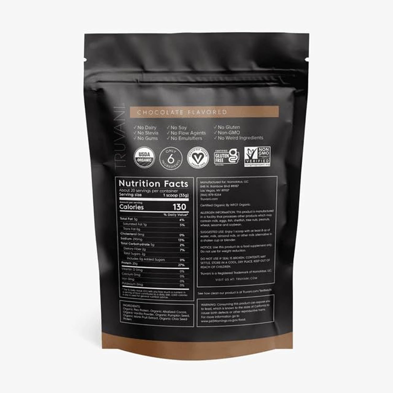 Truvani Organic Plant Based Protein Powder | Chocolate | 20 Servings | Vegan | 20g Pea Protein | Keto | Gluten & Dairy Free | Low Carb | No Added Sugar