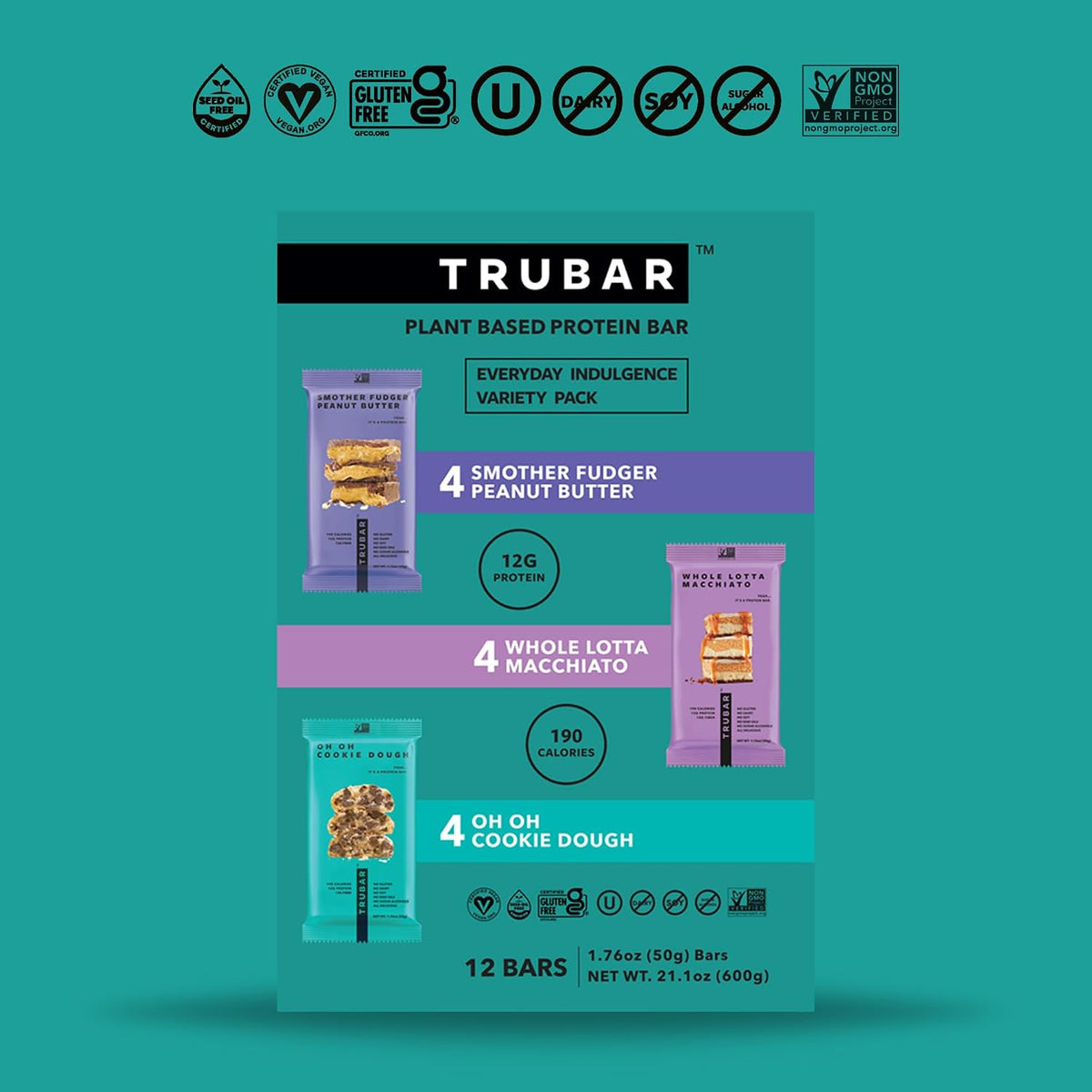 TRUBAR Vegan Protein Bar Variety Pack, Assorted Flavors, Peanut Butter, Macchiato, Cookie Dough, Gluten Free, Vegan Protein Snacks, 12G Plant-Based Protein, High Fiber, Healthy Protein Bars, 12 CT