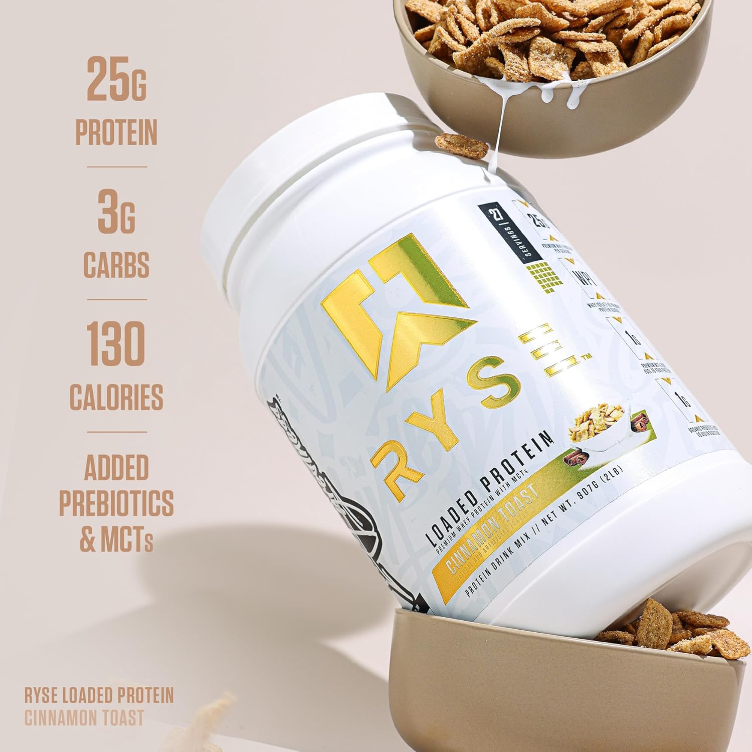 RYSE Loaded Protein Powder - Cinnamon Toast - 25g Whey Protein Isolate & Concentrate with Prebiotic Fiber & MCTs - Low Carb, Low Sugar, Digestive-Friendly - 20 Servings / 1.5 lb Tub