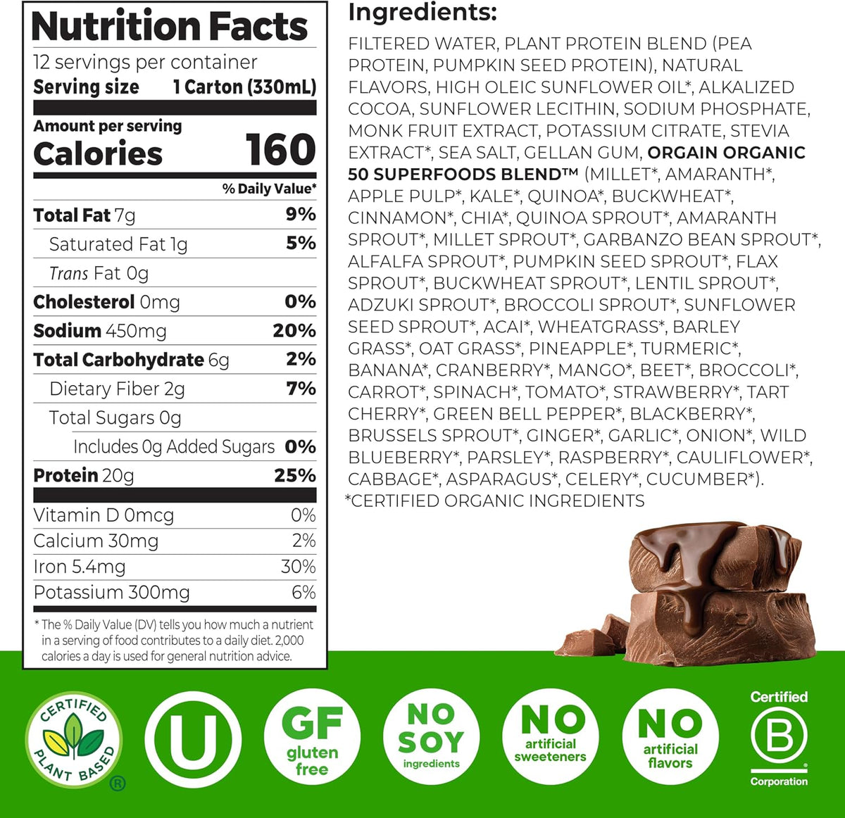 Orgain 20g Vegan Protein Shake + 50 Superfoods, Chocolate, 11 oz, 12pk