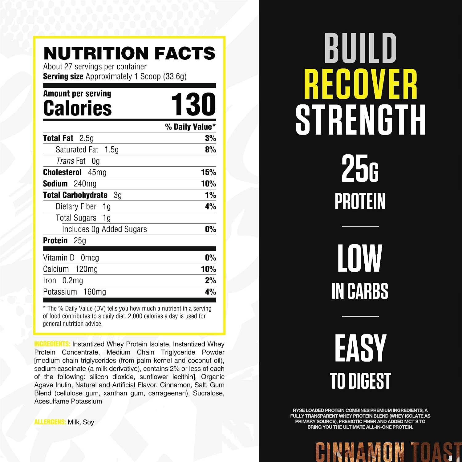 RYSE Loaded Protein Powder - Cinnamon Toast - 25g Whey Protein Isolate & Concentrate with Prebiotic Fiber & MCTs - Low Carb, Low Sugar, Digestive-Friendly - 20 Servings / 1.5 lb Tub