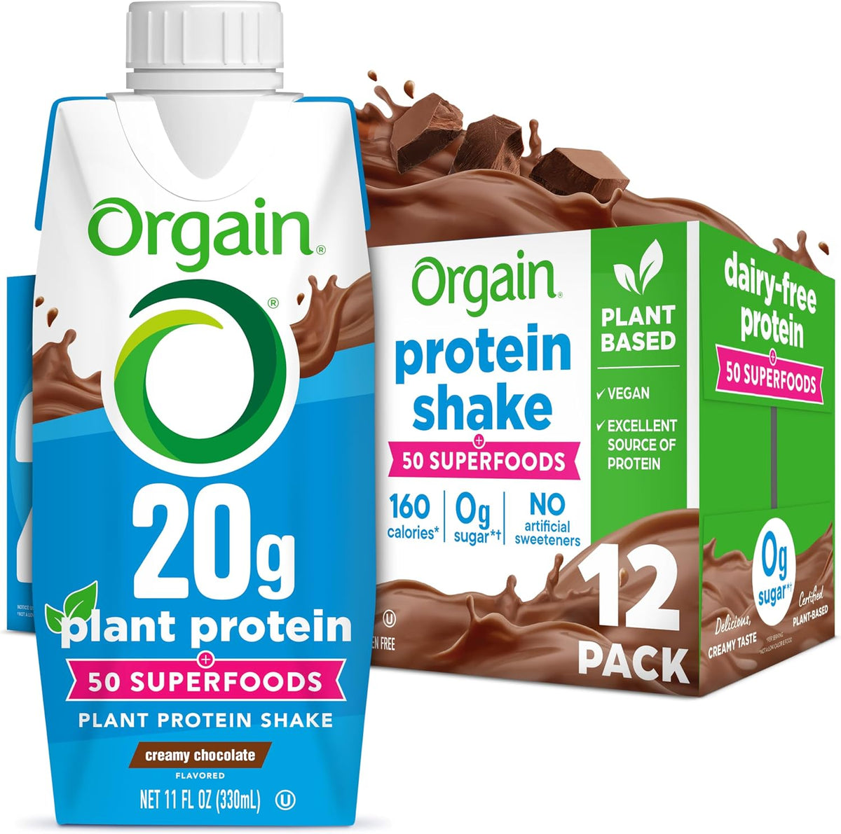Orgain 20g Vegan Protein Shake + 50 Superfoods, Chocolate, 11 oz, 12pk