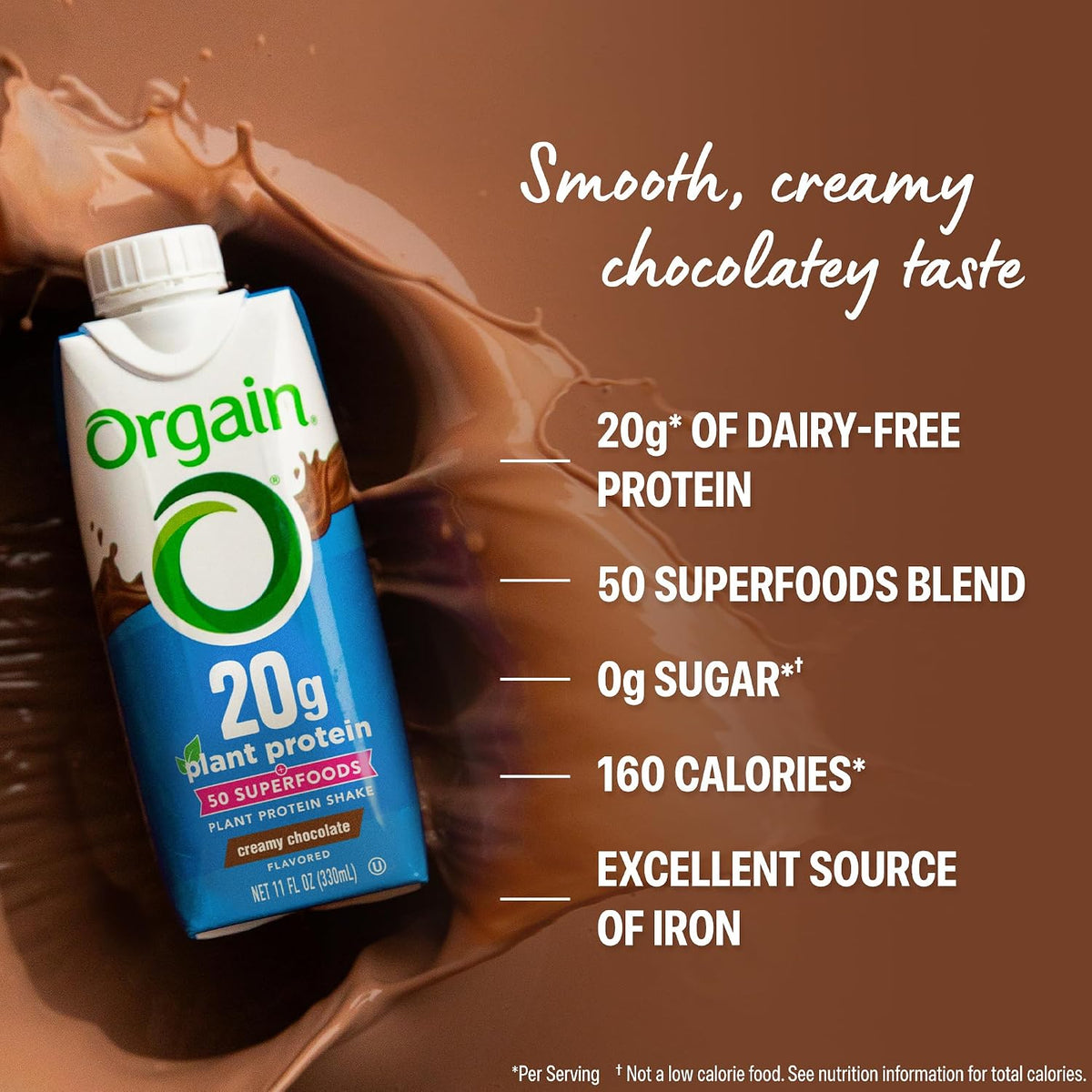 Orgain 20g Vegan Protein Shake + 50 Superfoods, Chocolate, 11 oz, 12pk