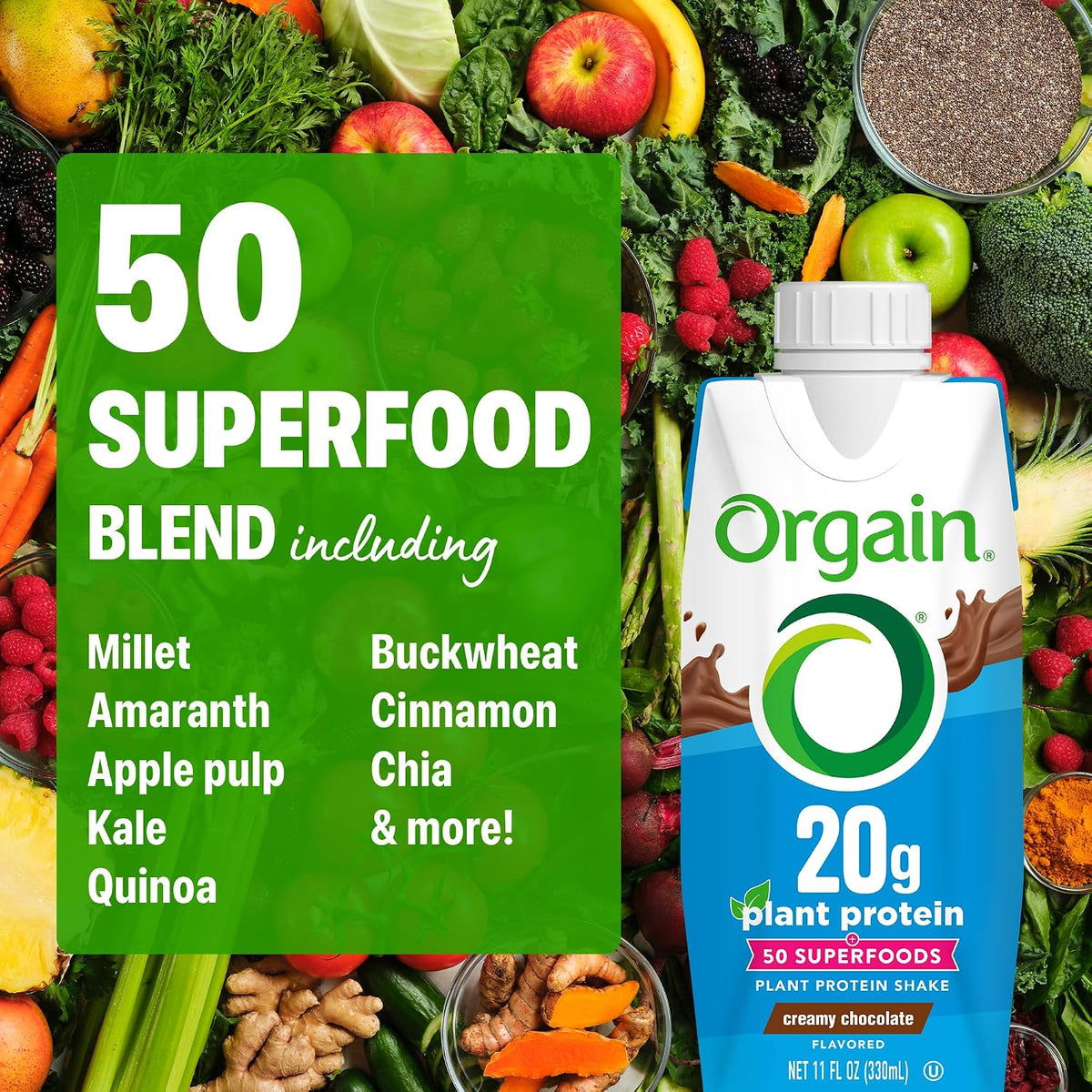 Orgain 20g Vegan Protein Shake + 50 Superfoods, Chocolate, 11 oz, 12pk
